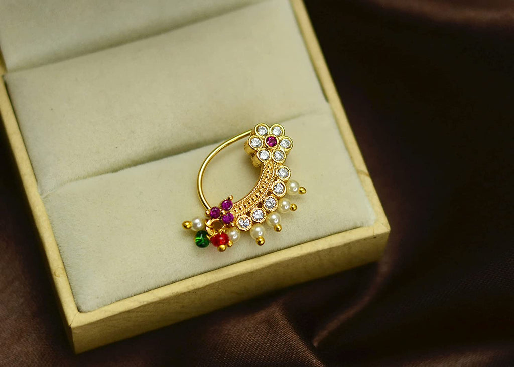 Gold Look Red Stone & Pearl Studded Marathi Nose Ring - Sanvi Jewels Pvt.  Ltd. - 2624419